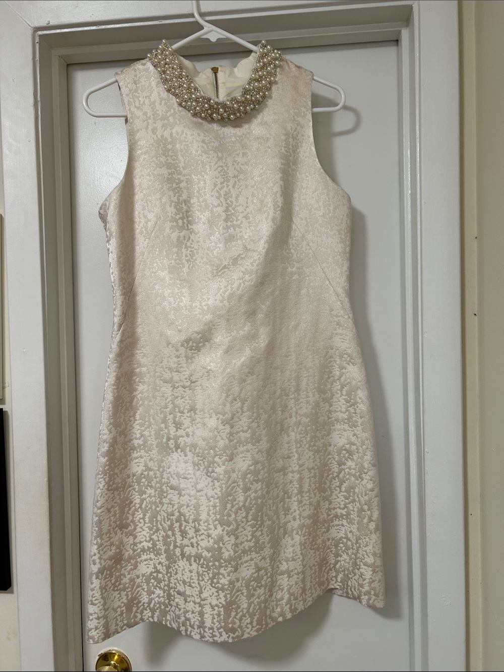 Eliza J Pearl-Embellished Ivory / soft gold shimmer Sleeveless Shift Dress